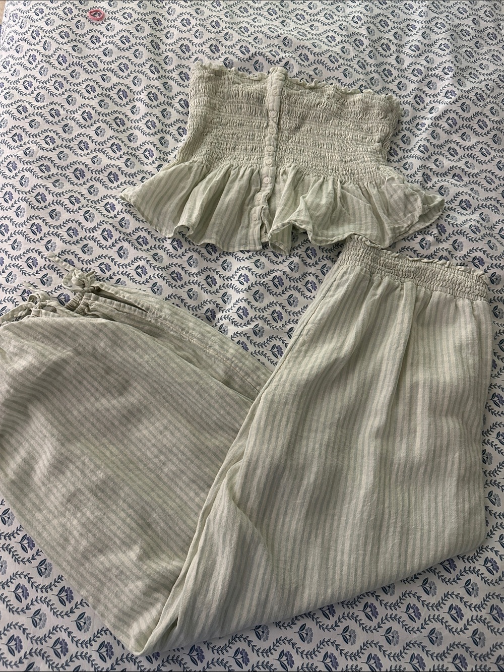 Light Sage Green Striped Smocked Two-Piece Set